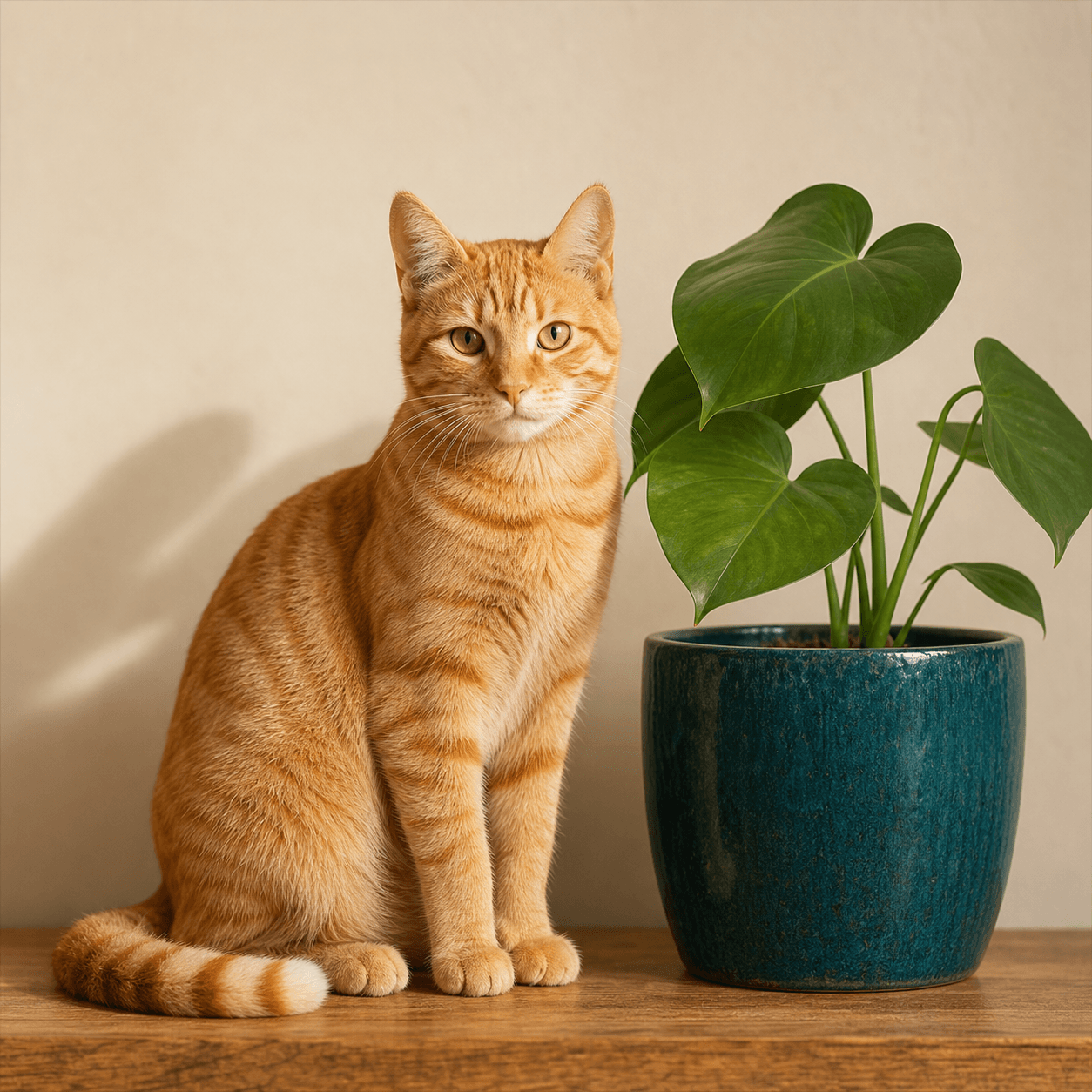 Orange tabby cat beside a teal planter before pixel art conversion